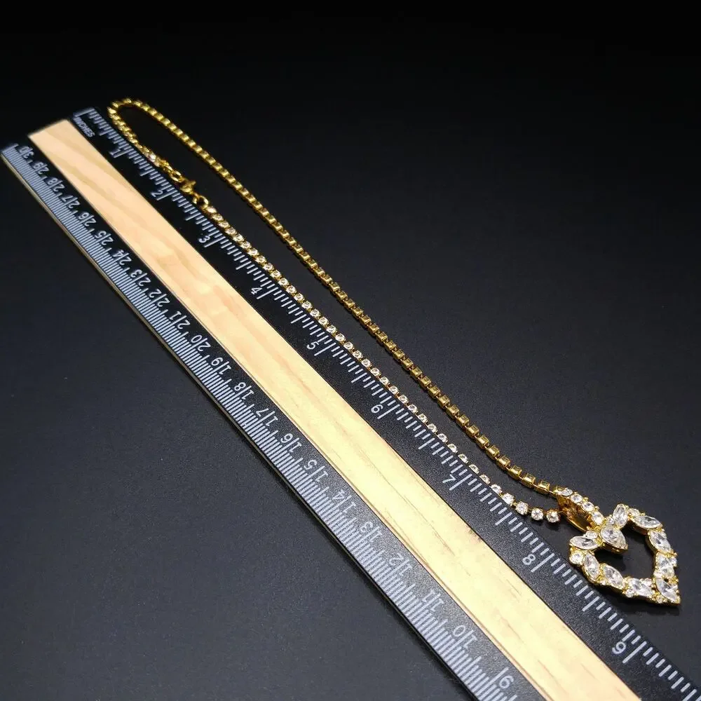 Vintage Monet Rhinestone Heart Necklace Gold Tone Marquise 1970s